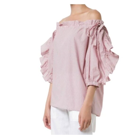 Robert Rodriguez Ruffle Stripe Cotton Shirt Womens Small Red Off Shoulder Light - Picture 3 of 9